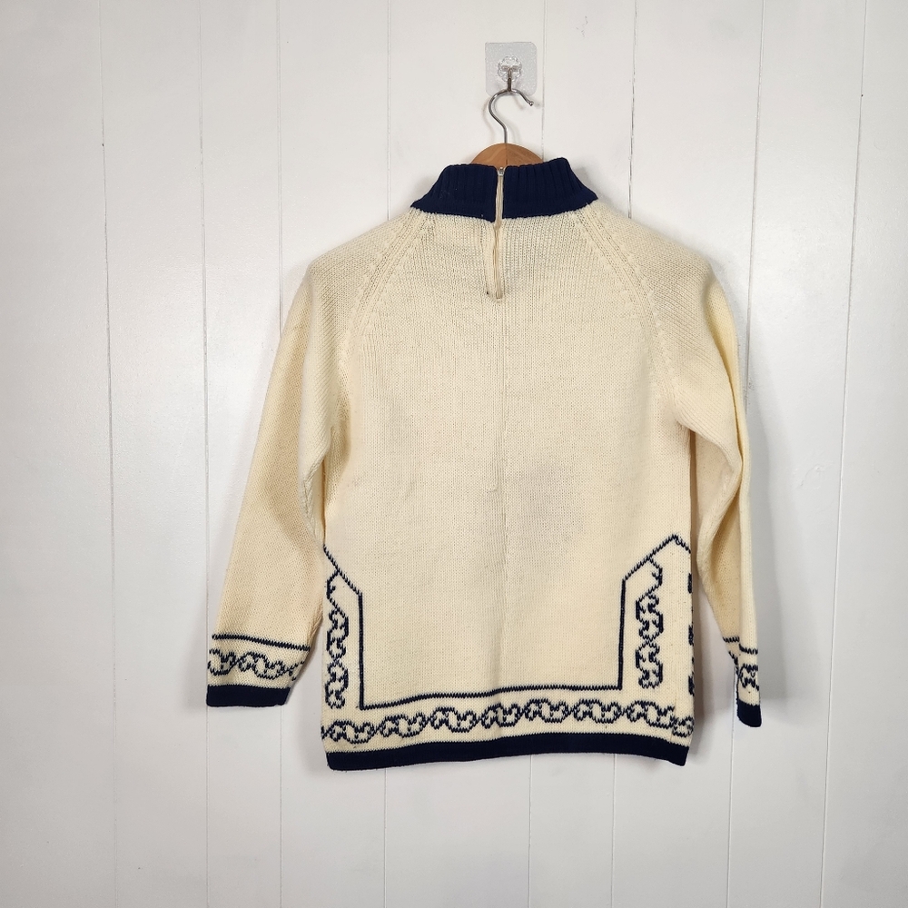 Vintage Fair Isle Nordic Ski Turtleneck Sweater Beige 1970s 1980s Size Small - Picture 5 of 10